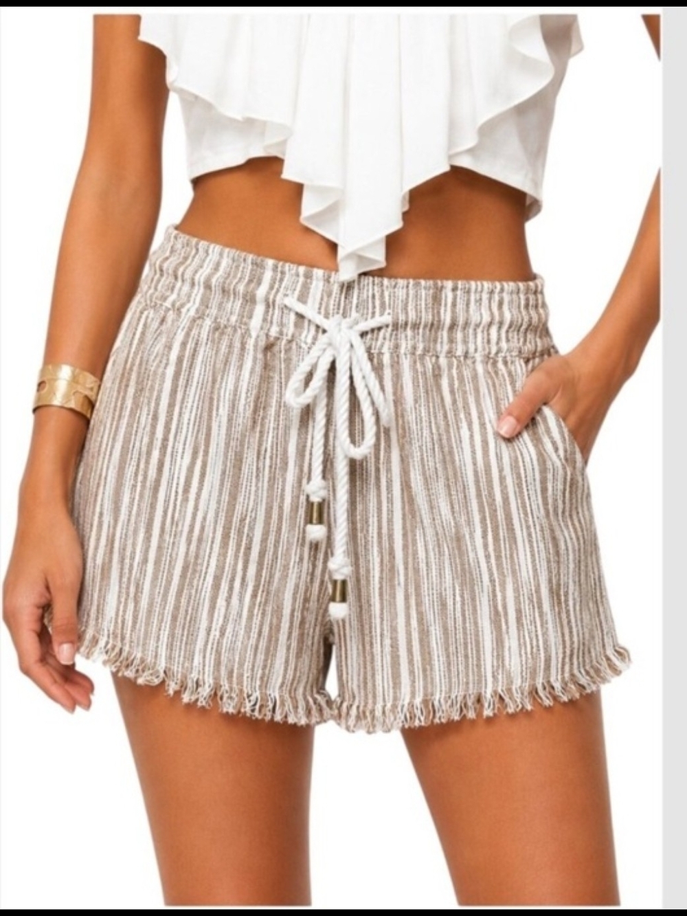 Free People Isle Of Palms Beige and White Striped Fringe Shorts Beachy Boho